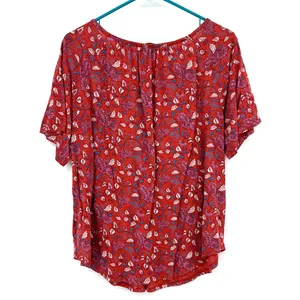 Lucky Brand Size Large Short Sleeve Shirt Top Blouse Red Floral Loose Fit Flowy‎ thumbnail 2