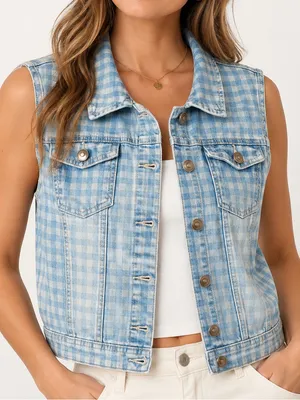 Baccini Blue Gingham Plaid Denim Button Front Sleeveless Vest. Size PXL thumbnail 1