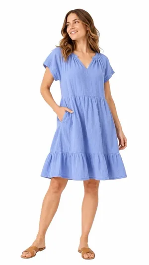 Pact - Coastal Double Gauze Throw-and-Go Dress Blue Organic Cotton Sz M thumbnail 1