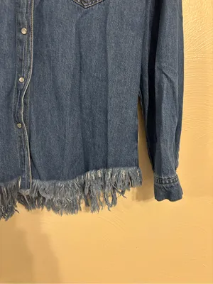 Risen Denim Shirt Women M Distressed Raw Fringe Hem Western Button Up thumbnail 8