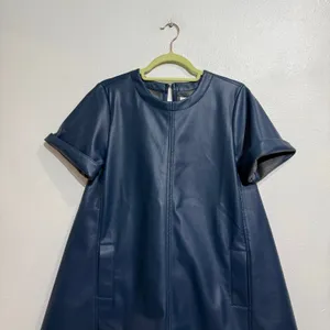 Maeve Emmy Navy Faux Leather A Line Mini Swing Dress XS NWT thumbnail 3