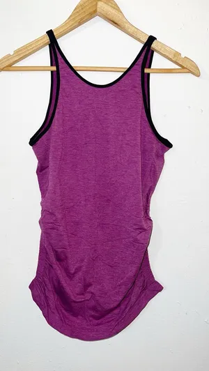 Lululemon Women’s In The Flow Purple Low Open Back Tank Top w/ Black Trim and Ruched Sides thumbnail 1