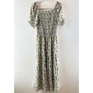 Max Studio Floral Print Puff Sleeve Smocked Tiered Maxi Sundress Green Large thumbnail 2