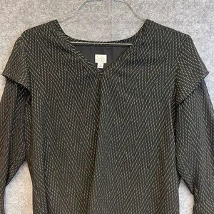 A NEW DAY Blouse Women's Large Black Gold Geometric V Neck Long Ruffle‎ Sleeves thumbnail 2