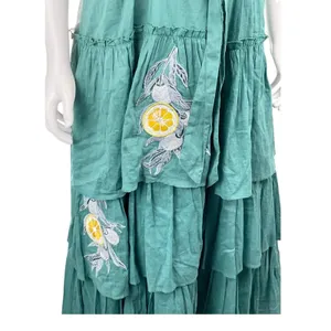 Anouk Grewal‎ Green Maxi Dress Embroidered Lemon Tiered Sleeveless Medium thumbnail 5
