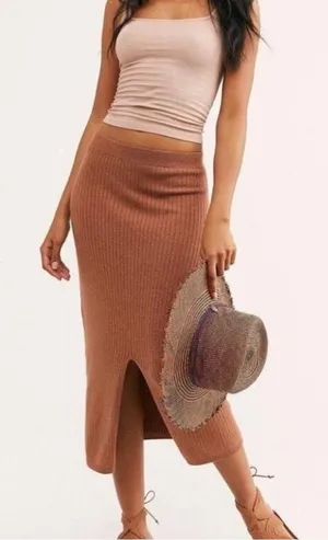 Free People Skyline Rib Knit Sweater Midi Skirt Brown Front Slit Small thumbnail 1