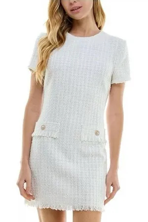 BeBop Women's Off-White Textured Tweed Pearl-Buttoned Pockets Mini Dress M thumbnail 1