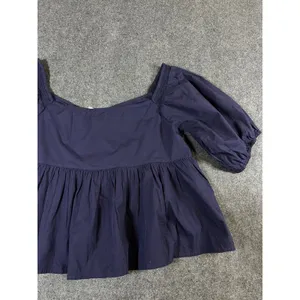 Free People Navy Blue Cotton Puff Sleeve Babydoll Blouse Top Large thumbnail 12