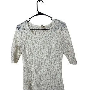 BKE Cream Lace Short Sleeve Sheer‎ Floral Pattern Top Y2K Medium thumbnail 5