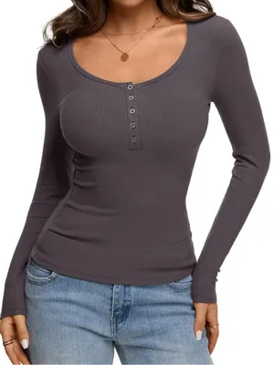 REORIA Women Fall Long Sleeve Henley T Shirts Casual Basic Tops Grey. Size XL thumbnail 2