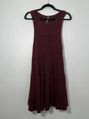 Free People Womens XS Waterfall Ruffle Knit Mini Sleeveless Dress Burgundy Combo thumbnail 3