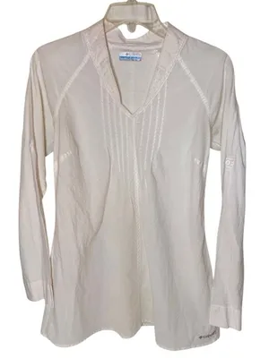 Columbia Top Women’s Roll Tab Sleeve Blouse V-Neck White Size S/P Cotton thumbnail 1