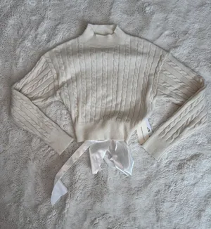 COMMENSE NWT Cable-Knit Open-Back Satin Bow Cropped Sweater Cream White L thumbnail 1