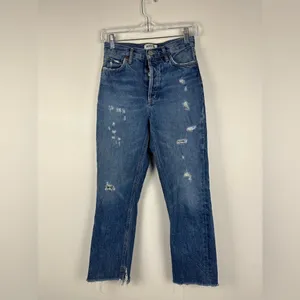 AGOLDE Riley Cropped High Rise Sttraight Leg‎ Distressed Raw Hem Jeans Sz 24 thumbnail 2