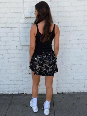 Black & gold marble print ruffles mini tennis gold athletic skirt sz M #marble #sporty thumbnail 4