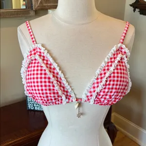 Red and White Check with Lace Trim Bikini Top Bottoms Set Women’s Large thumbnail 3