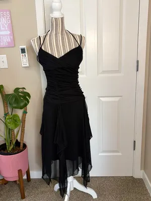 Trixxi Black Ruched whismy goth med flowy witchy dress punk casual dark academia thumbnail 2
