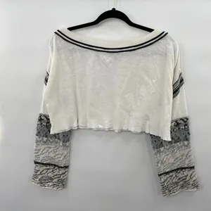 Free People Sweater Cropped Long Sleeve White Black Wide Boat Neck Womens Small thumbnail 2