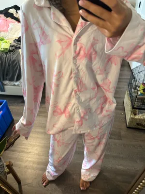 SheIn Pink Bow Print Pajama Set - Soft Button-Up Sleepwear thumbnail 2