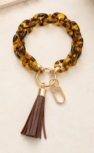 Tortoise Shell Acrylic Key Ring Bracelet Wristlet Tassel Brown Gold NWT thumbnail 1