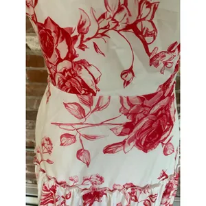 Red White Floral Toile Maxi Dress Tie Shoulder Low Back Tiered Hem Women Size L thumbnail 4