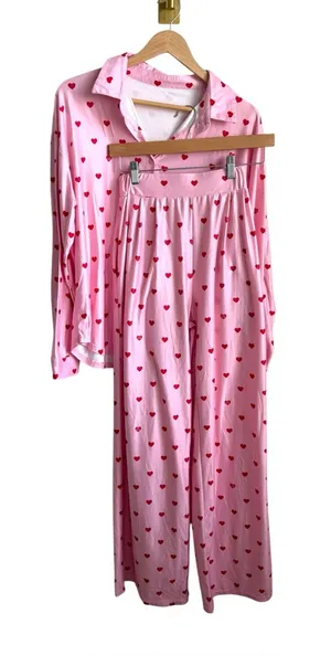 Pink Red Heart Print Matching Pajama Set Button Down Wide Leg Pants Size Medium thumbnail 1