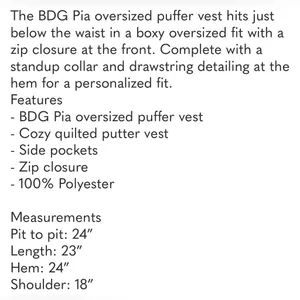 Urban Outfitters BDG Pia Sleeveless Blue‎ Zip Puffer Vest Small Back to School thumbnail 8