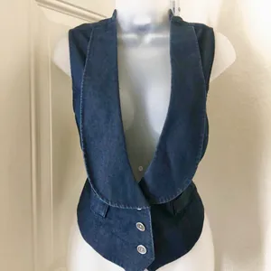 2000s Navy blue mini cropped jean denim vest waistcoat with a deep V-neck large lapel & button front. thumbnail 6