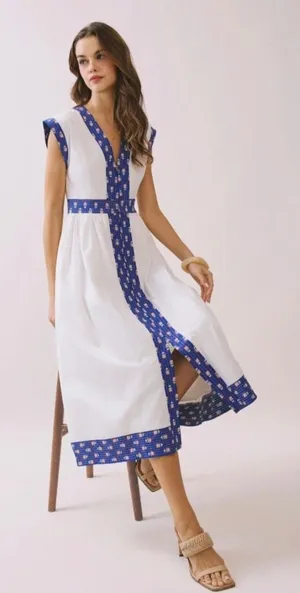 TCEC Womens White Blue Floral Block Print Trim V-Neck Zip Front Midi Dress L thumbnail 1