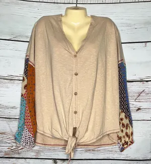 Umgee NWT Size L Tan - Patchwork Sleeve Oversized Peasant Knit Top Shirt thumbnail 1