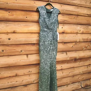 Mac Duggal 5489 Womens Green Cap SLEEVE SEQUINED HIGH SLIT GOWN thumbnail 7