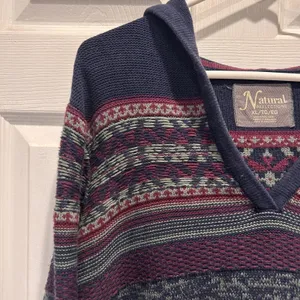 Natural Reflections Women XL Fair Isle Hooded Sweater Blue Burgundy Mixed Knit thumbnail 3