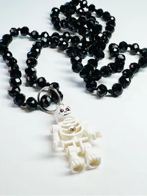 Lego Skeleton Charm on a long 36” Black Beaded Necklace. thumbnail 2