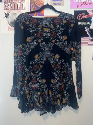 Free People Black Floral Long Sleeve Peasant Top with Rust & Mustard Accents thumbnail 1
