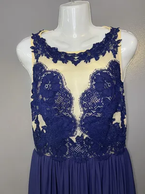 Sherri Hill Dress Womens 8 Blue Lace Illusion Bodice Open Back Maxi Formal Prom thumbnail 1