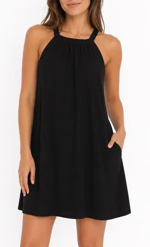 Wiholl Mini Dress Womens XL Black Stretch Pleated Drawstring Neck Sleeveless thumbnail 1