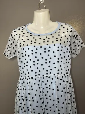 Wednesday's Girl Dress Womens Small Polka Dot Mesh Sheer Fit Flare Midi Blue thumbnail 1
