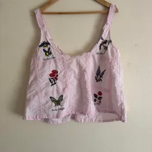 Lyrebird Pink Cottagecore Cotton Sleeveless Embroidered Lace Button Down Top L thumbnail 5