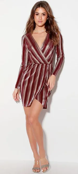 Lulu’s nwt V.I.P. Party Gold and Burgundy Striped Pleated Long Sleeve Dress size thumbnail 1