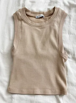 Zara Ribbed Cropped Tank Top - Beige/Tan, Size Small thumbnail 1