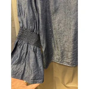 C Women's Blue Solid Denim Blouse M Round Neck Long Puff Sleeve Smocked Cuff New thumbnail 2