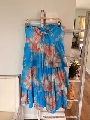 MIKA & GALA Outshine Strapless Tiered Midi Dress Floral Blue XL Midi EUC thumbnail 2