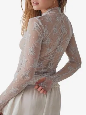 Free People Lace Luxe Sheer Layering Top Mock Neck Light Gray Size XS Feminine thumbnail 2