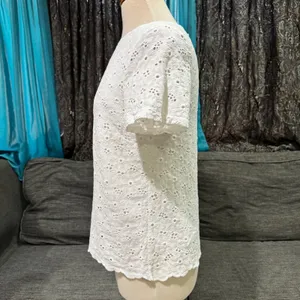 Cottagecore 100% Cotton Women White Eyelet Top XS Lace Scalloped Hem Button Back thumbnail 9