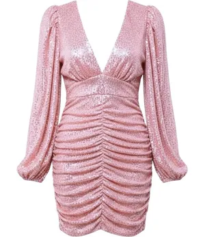 Pink Lily Holiday Vibes Sequin Ruched‎ V Neck Long Sleeve Mini Dress Size S thumbnail 1