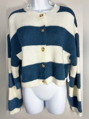 Altar'd State Blue and Cream Striped Button-Front Cropped Cardigan Size Small thumbnail 3
