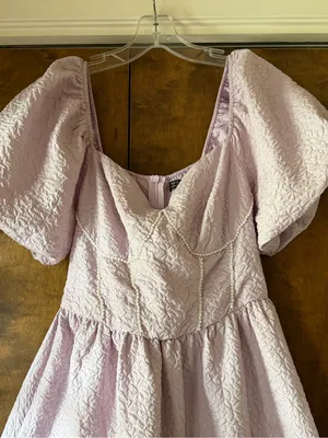 Simplee Lavender Puff Sleeve Pearl Trim Midi Dress Sweetheart Tiered Ruffle S thumbnail 3