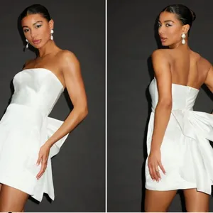 Lulu's White Strapless Satin Mini Dress with Bow Back thumbnail 4