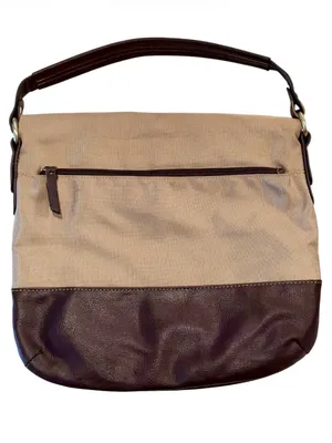 Vintage Franco Sarto Canvas Leather Fold Over Shoulder Bag in Beige/Dark Brown thumbnail 4