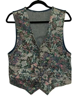 Vintage Denim Floral Tapestry Vest Womens Medium Western Boho Waistcoat thumbnail 1